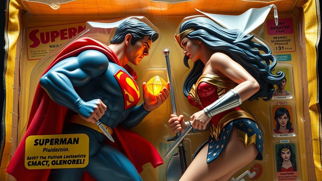 Hyper-detailed retro action figure packaging, featuring an intense face-off between Superman and Wonder ...  by @LookeY