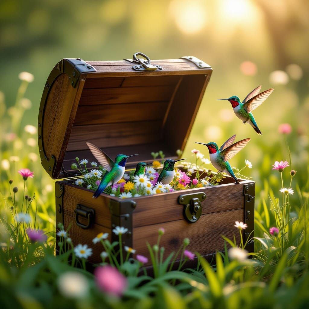 Photograph.Wide shot. Impressionistic style. A rustic, wooden treasure chest sits open in a sun-dappled meadow, filled with an assortment of...