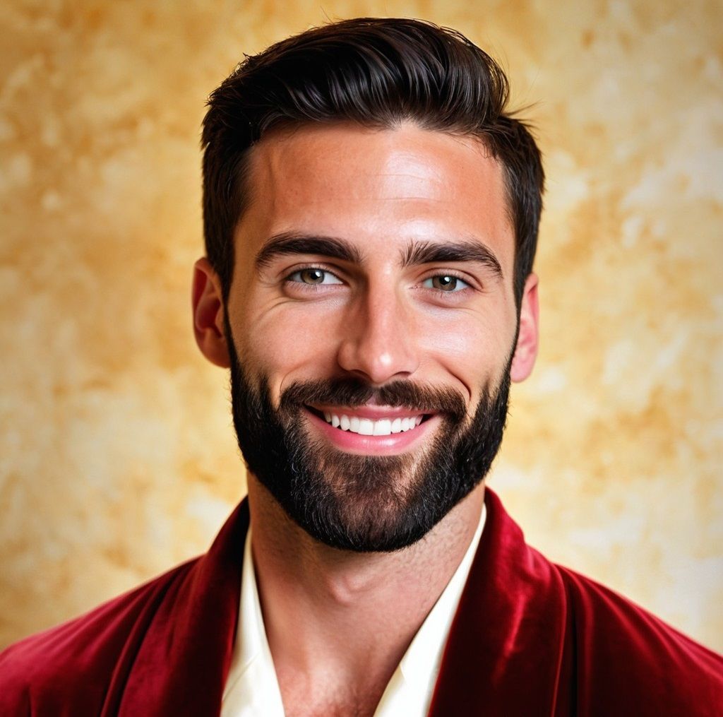 A  handsome man  with   black    hair and beard wearing a  r...