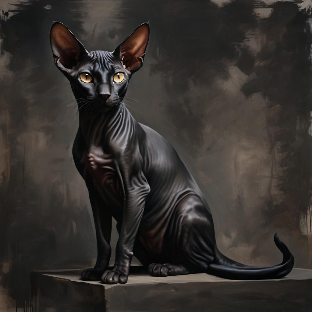 Dark painting, black sphinx cat  by @Terra