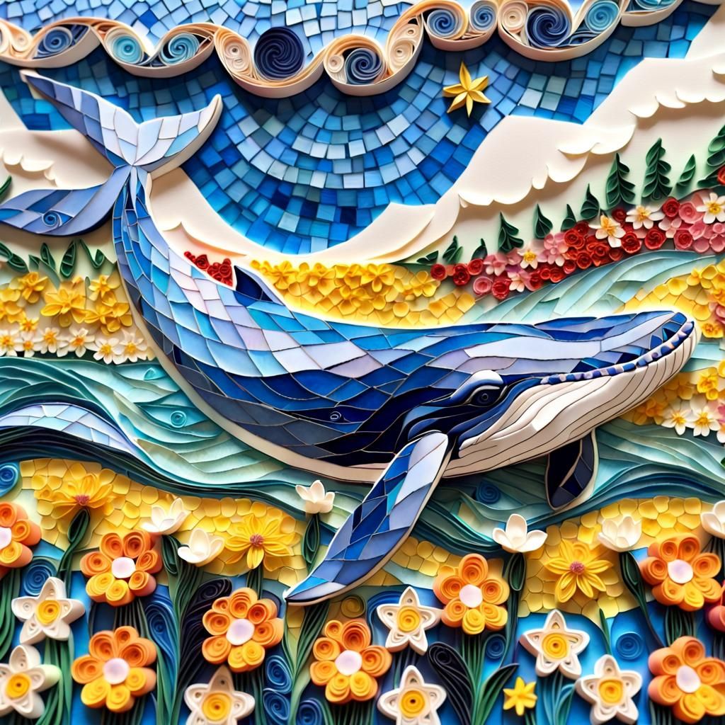 Blue whale sitting on top of a field of flowers, a detailed painting, naïve art, paper quilling, baroque painting. star lit sky, closeup sho...