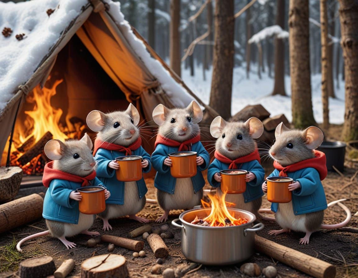 The cute mouse family was surprised by the onset of winter while camping. The little mice are warming ...  by @Tina auf der Blumenwiese