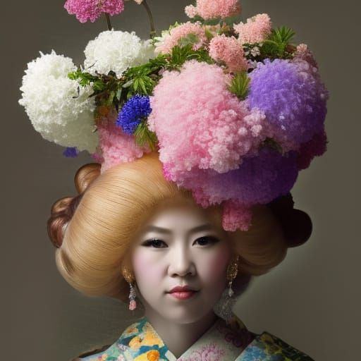 White-faced geisha with large puffy colorful hair, surrounde...