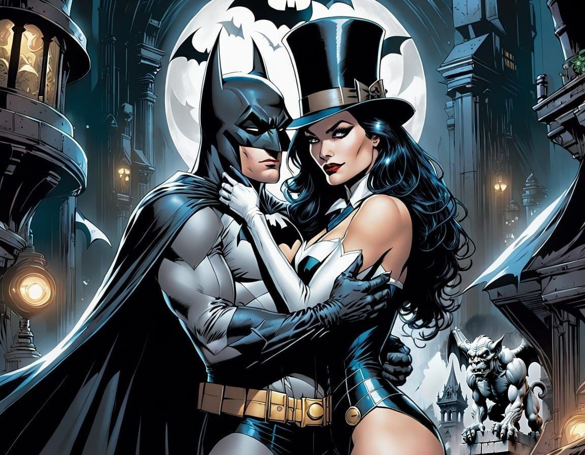 Zatanna Zatara embracing Batman.  by @Lorendiac H