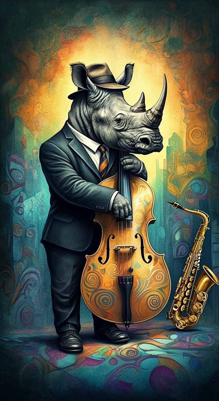 Surrealistic jazz scene. Close-up shot.  Rhino  wearing a zoot suit, fedora, playing a large Iridescent ...  by @Third Raven 