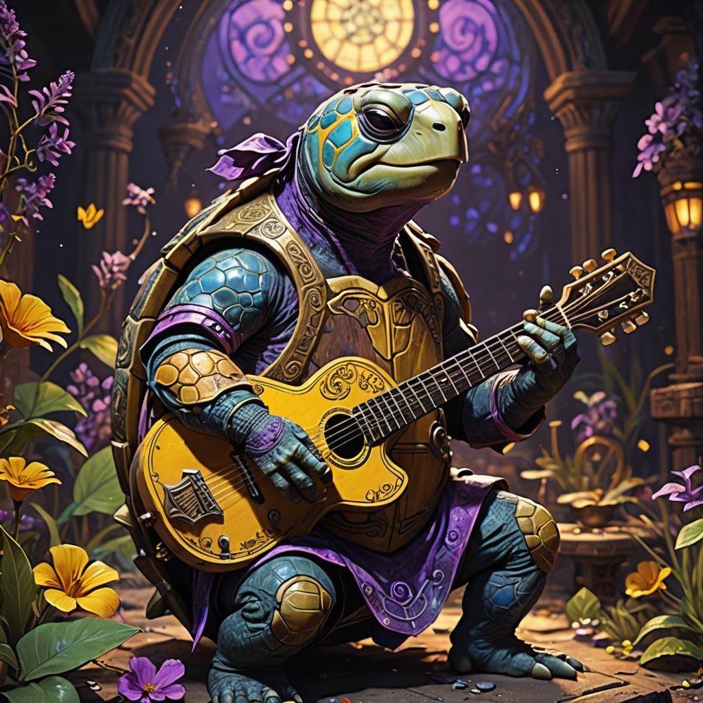 hippy turtle playing guitar