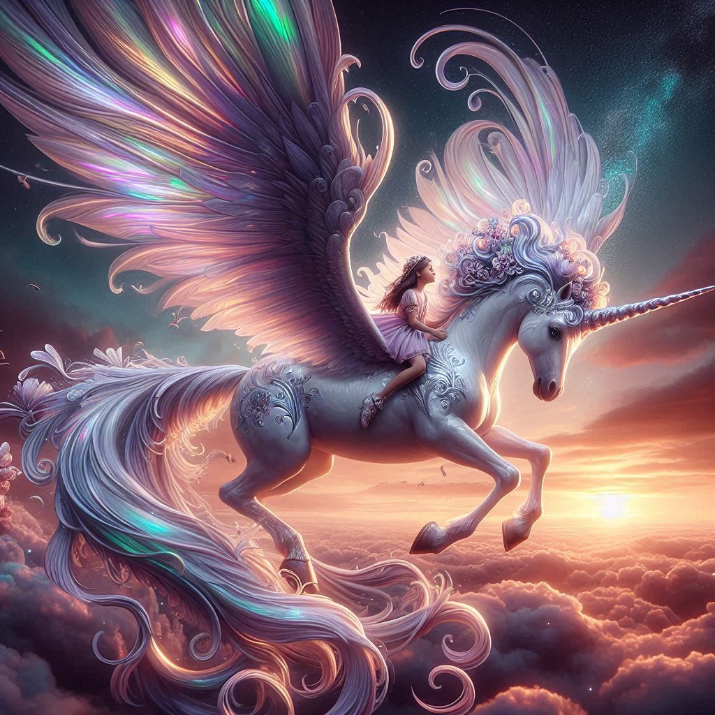 beautiful unicorn flying in the sky with a little girl.