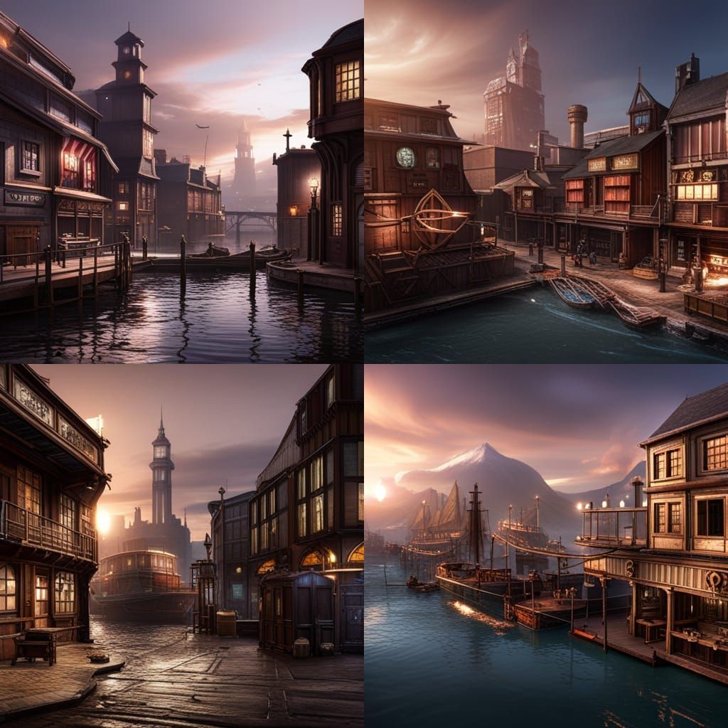 Steam punk port scene with ships and shops