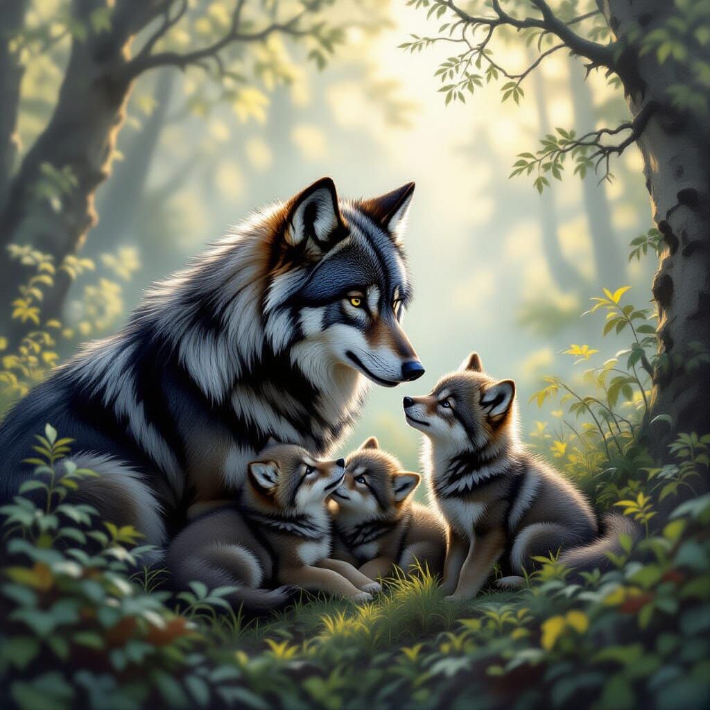 white wolfs playing with her cubs