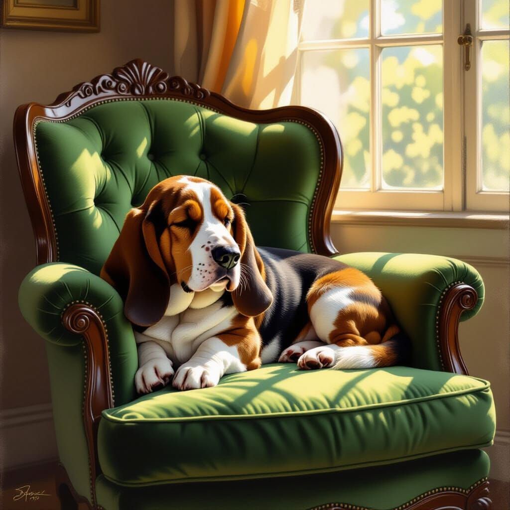 A sleepy Basset Hound is curled up on an antique velvet armchair in a sun-drenched room, creating a peaceful, ...  by @Monty