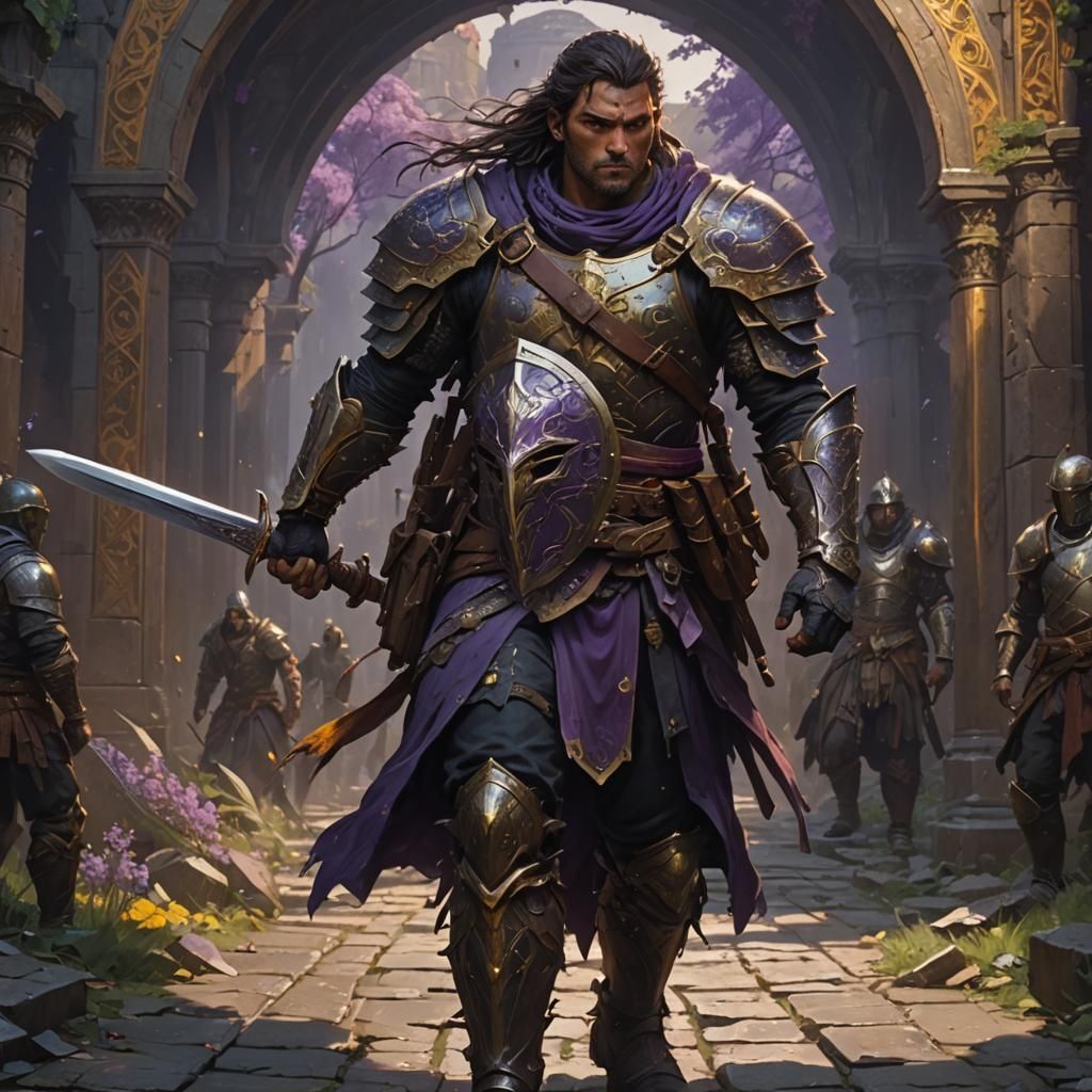a dark, handsome warrior carrying a sword