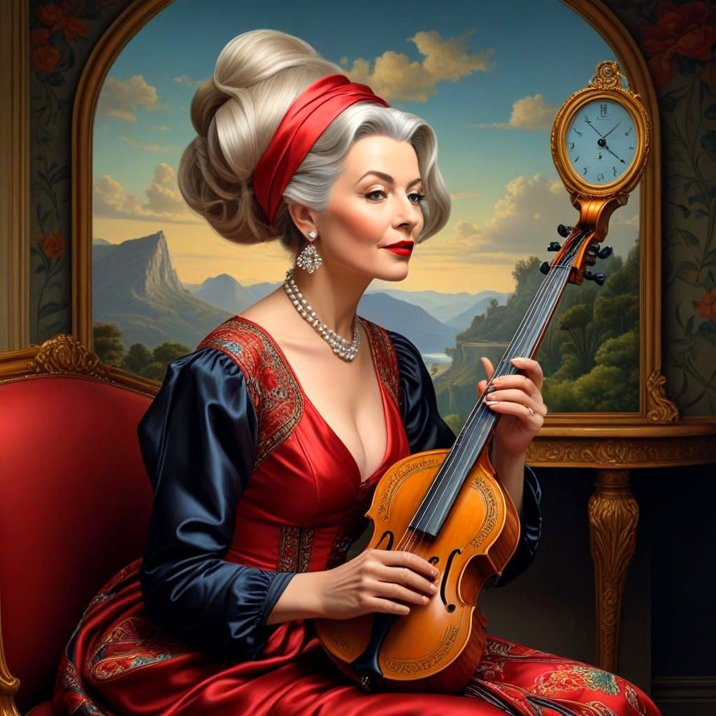 Happy Woman with Chimeric Instrument in Surreal Landscape