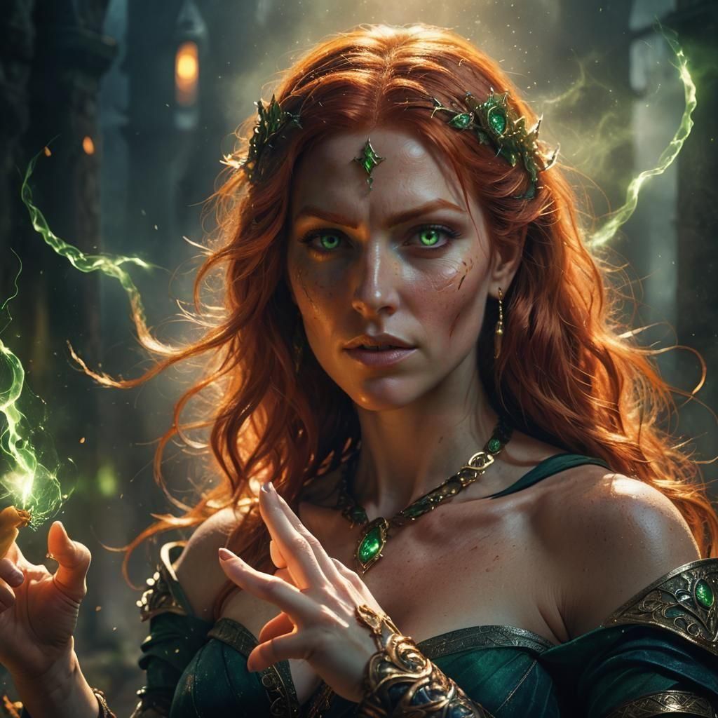 Fantasy concept art. Close up. A gorgeous, red-haired sorceress with athletic muscles and perfect hands, casts spells with her green eyes ag...