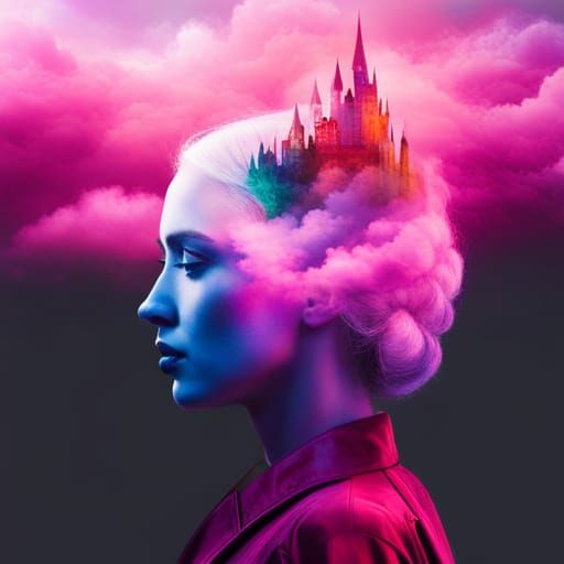 Psychedelic Double Exposure: Girl and Castle in Clouds