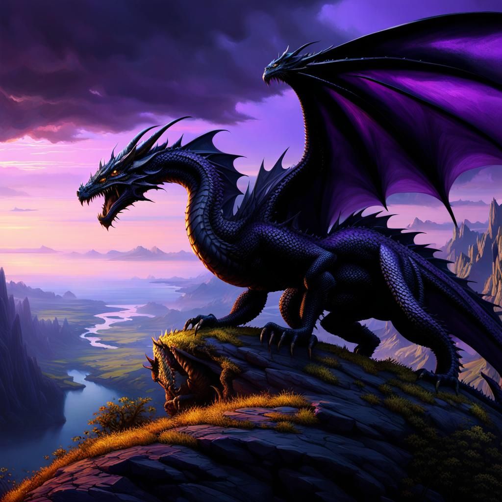 Big black fierce dragon , sat on a cliff edge , watching over the dark ...