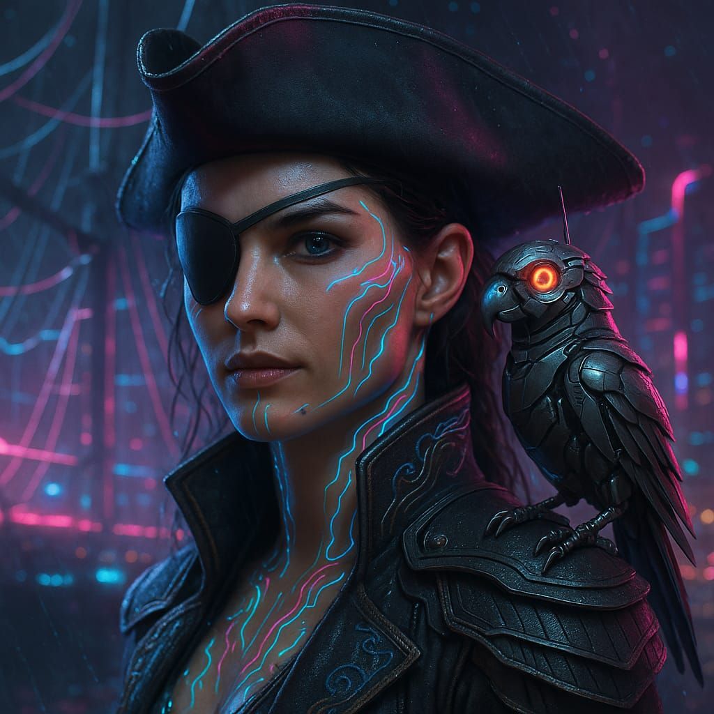 Portrait of a cyberpunk pirate woman (1)