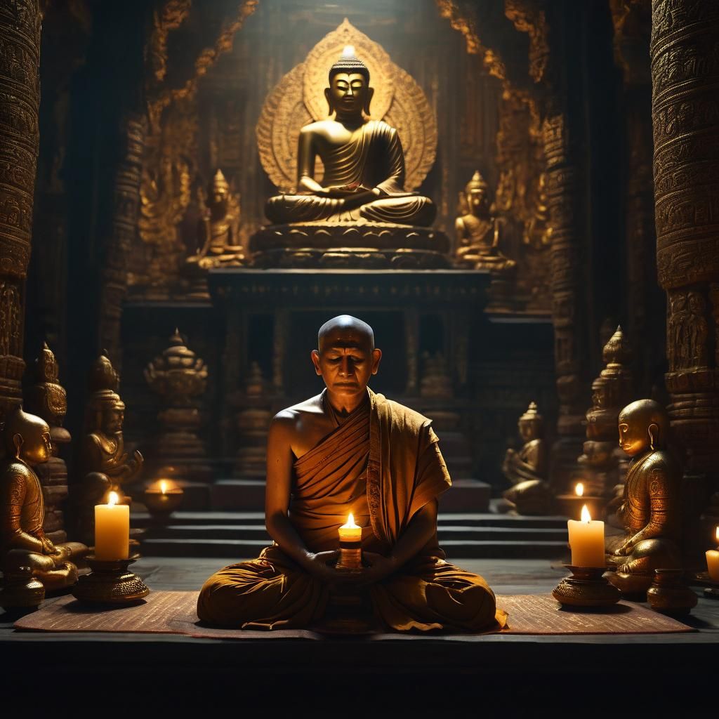 Ancient Indian Monk and Buddha in Misty Temple