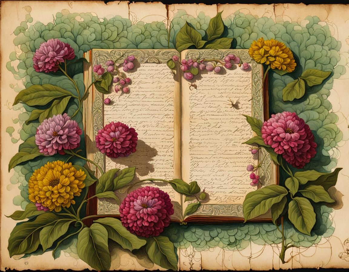 Victorian realistic Botanicals, in front of an antique page ...
