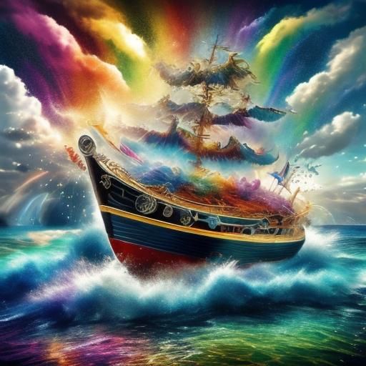 <lora:Beauty of landscape:1.0> Fantasy rainbow sea shore, rainbow sea, beach, rainbow waves, glitter, shine, black starry sky, a boat in wat...