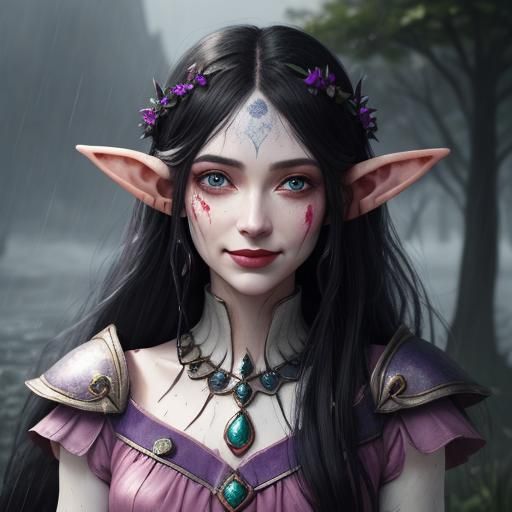 a elf girl, black hair, blue eyes, soft blush, close up, smi...