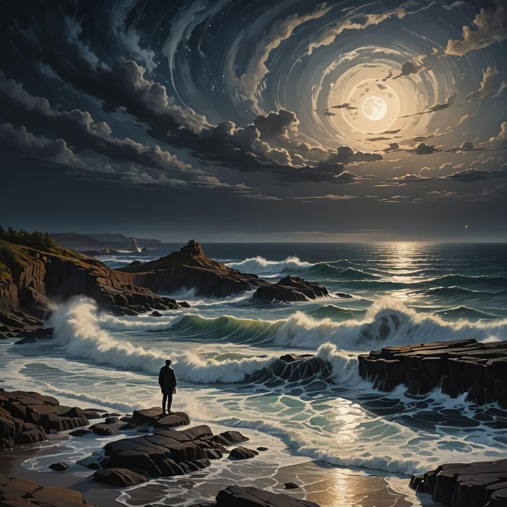 A dark beach in the night time lit up by a beautiful moon