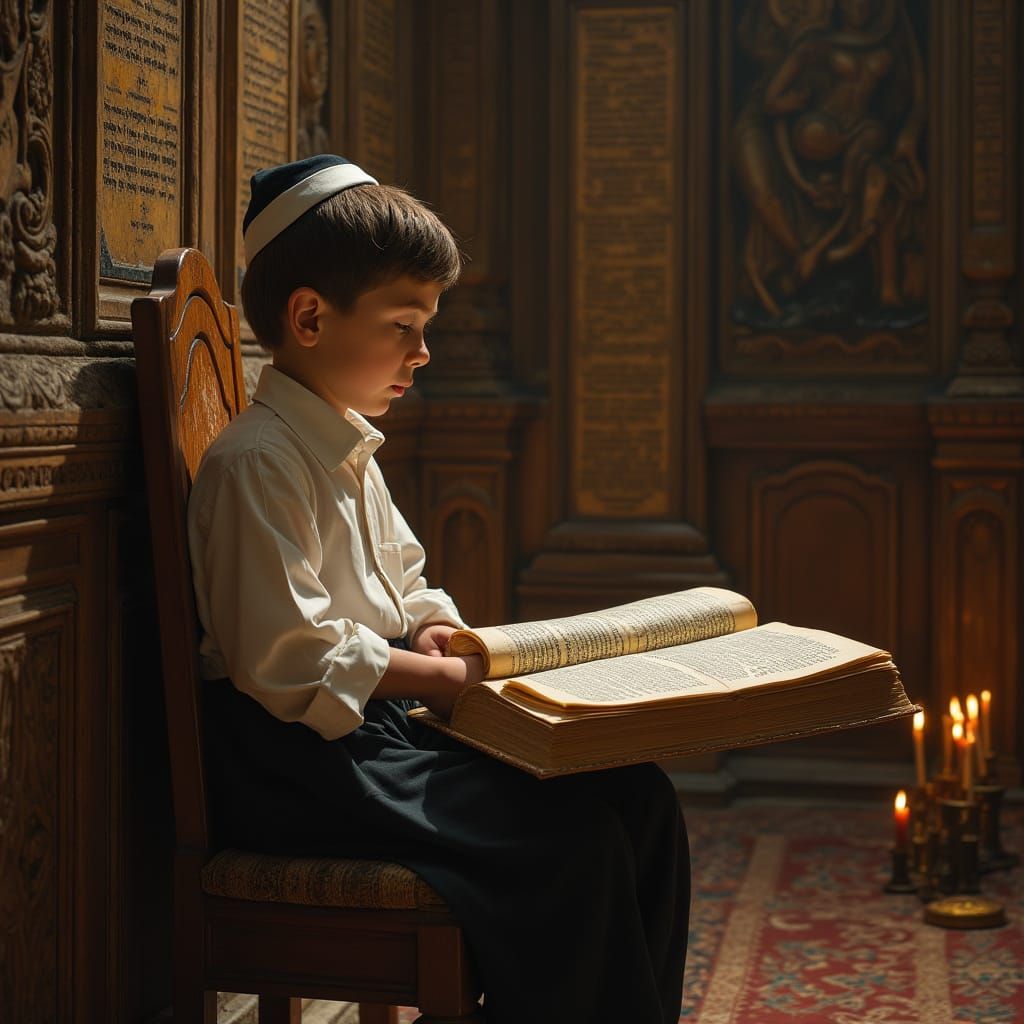 Boy Studying in Ancient Synagogue, Spiritual Scene