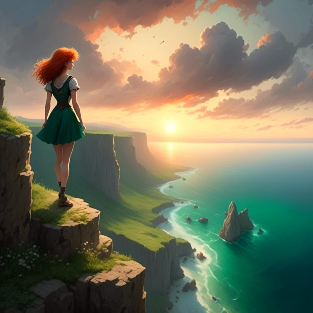  <lora:Red Hair:1.0> A traveler standing at the edge of a cliff, overlooking a vast emerald ocean at sunset