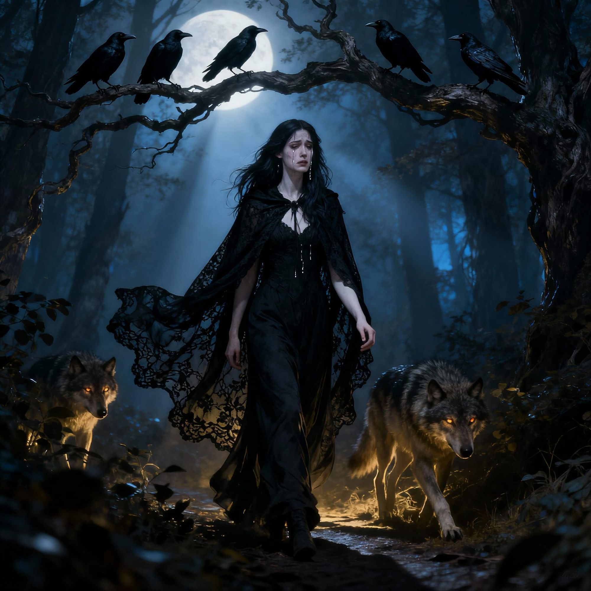 Can you show me an image of a dark Goddess walking through an eerie forest with ravens and wolves her cape is black and lace underneath, her...