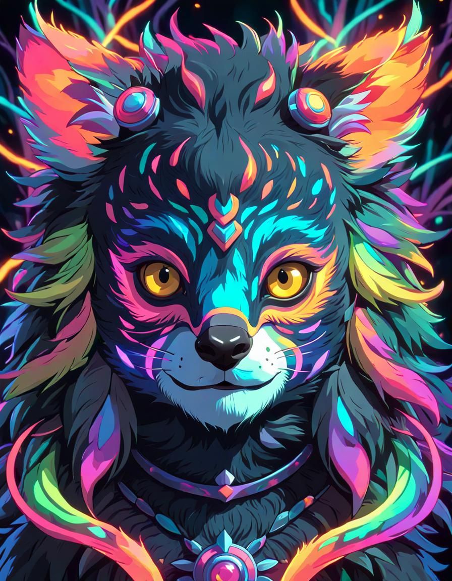 (mythical lemur with burning fur in psychedelic glowing neon colors:1,9 ...