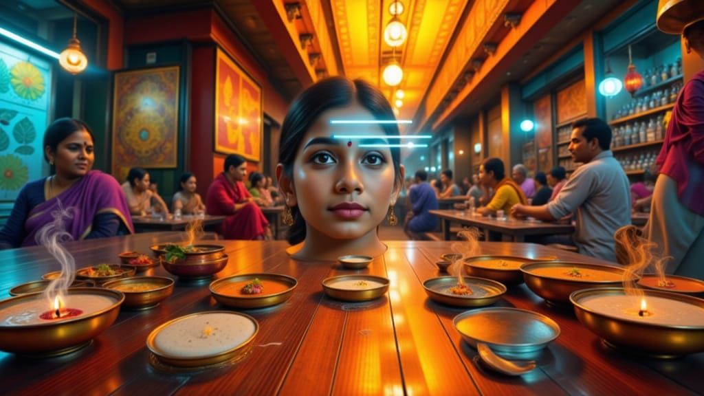 Indian Woman in Bustling Marketplace: Fusion Art Style