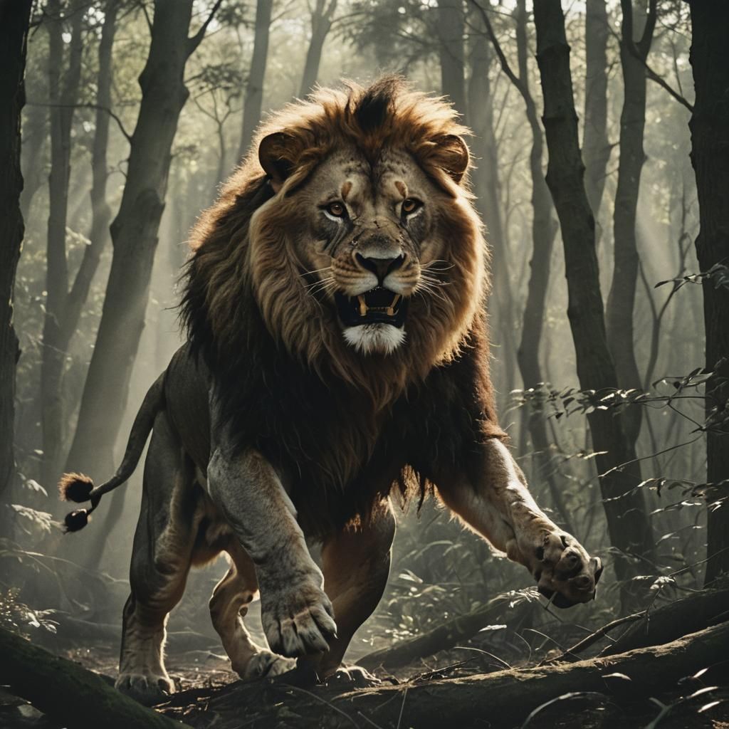 Lion Attack in Forest: Film Noir Cinematic Still