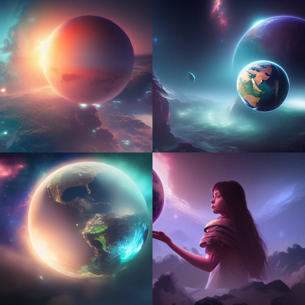 earth in hand of a girl floating in dark space