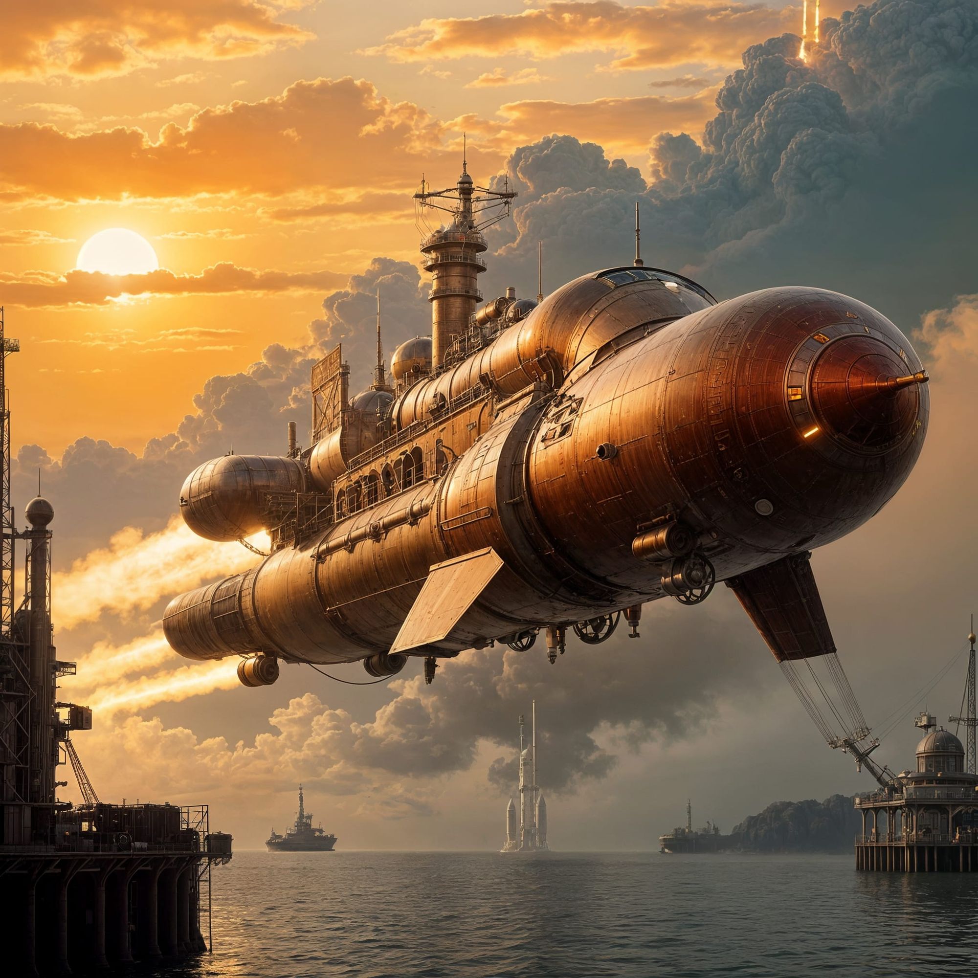 A retro steampunk style rocket ship taking off from an Earth-based rocket port on the east coast of the United States.