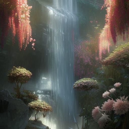 waterfall with dahlia's