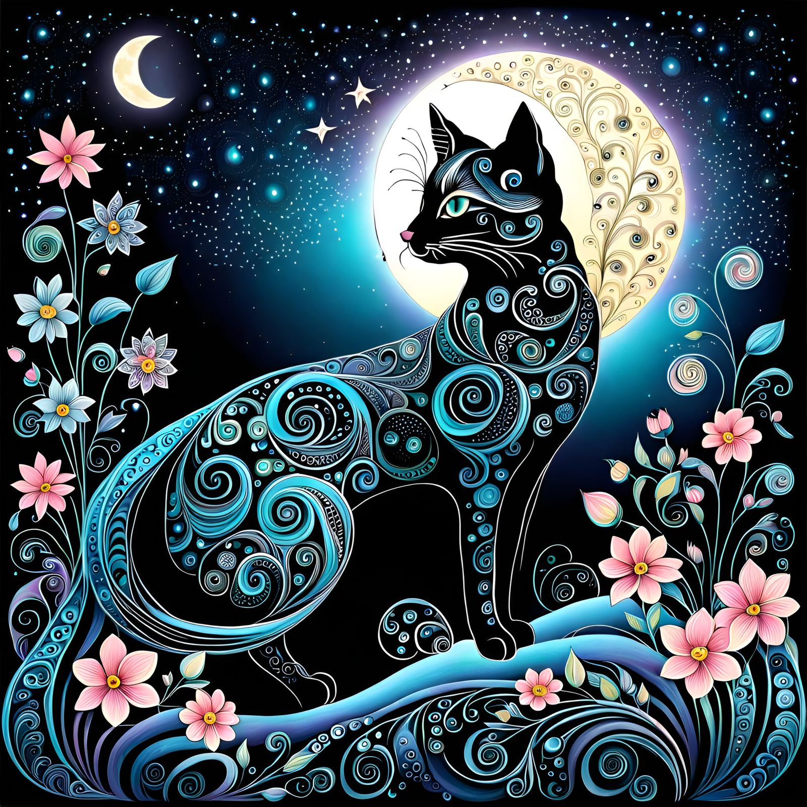 cats flowers ethereal moonlight abstract swirls zentangle