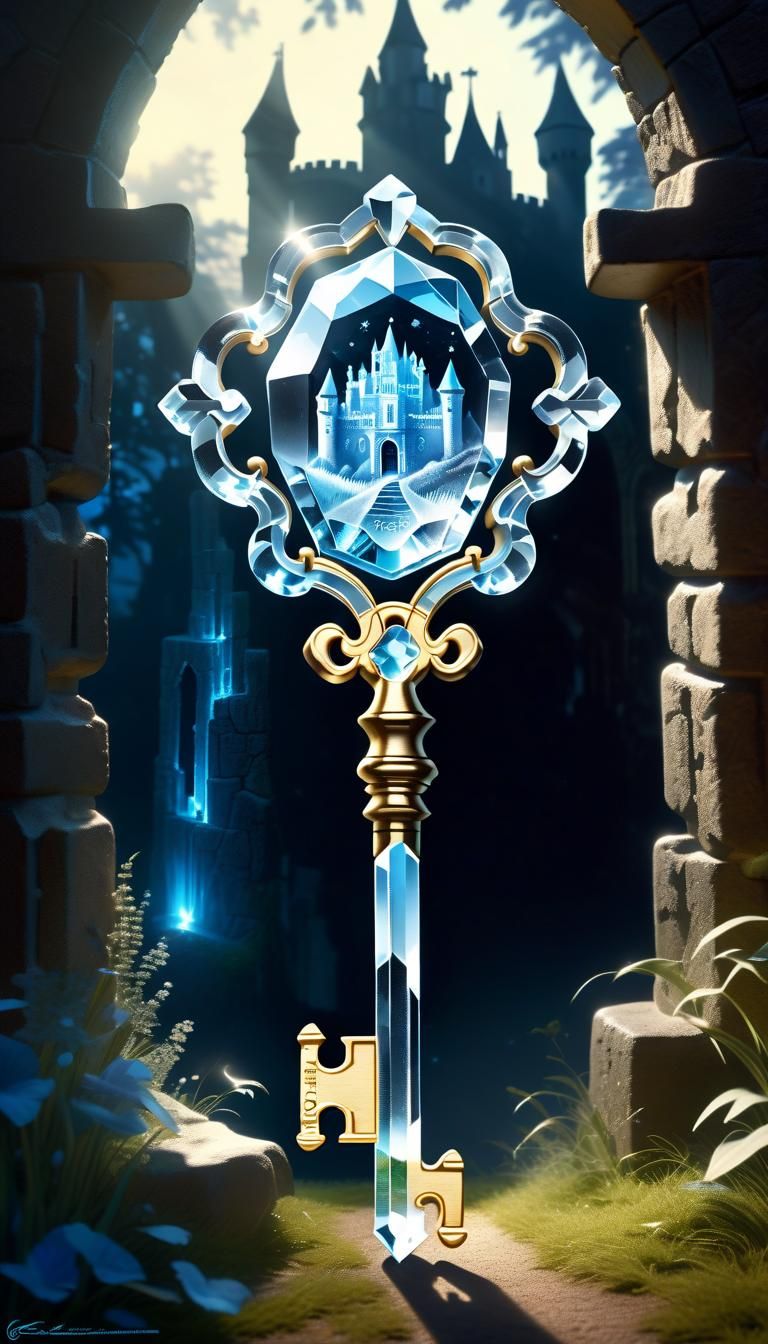 The transparent crystal key with cut rock crystal opens the castle gate ...
