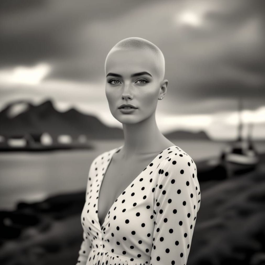 Black and white photo portrait with Icelandic background of a gorgeous bald woman in a dress with polka dots