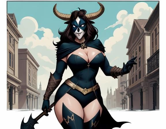 A fantasy illustration of a	female	plus-sized	Minotaur	Rogue	 wearing conservative clothing,	 near a	Library	, ...  by @Lots-of-games-to-play
