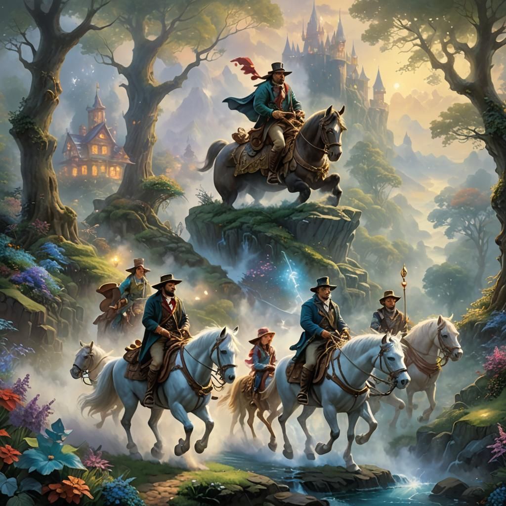three adventurers on a journey riding their magical animals