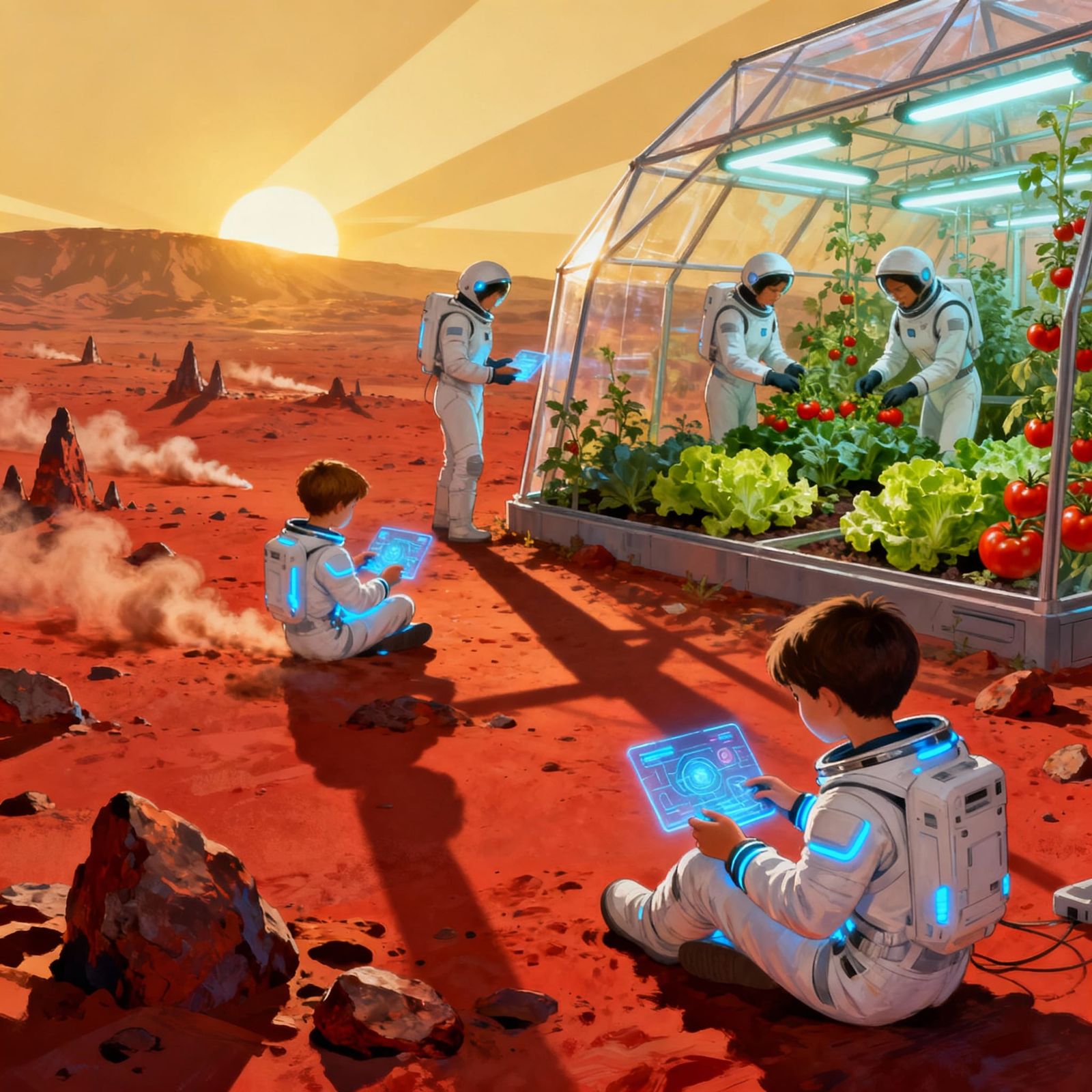 Future kids in spacesuits playing games on mars and their parents doing the vegetable garden in a dome ...  by @Sarah Feerick