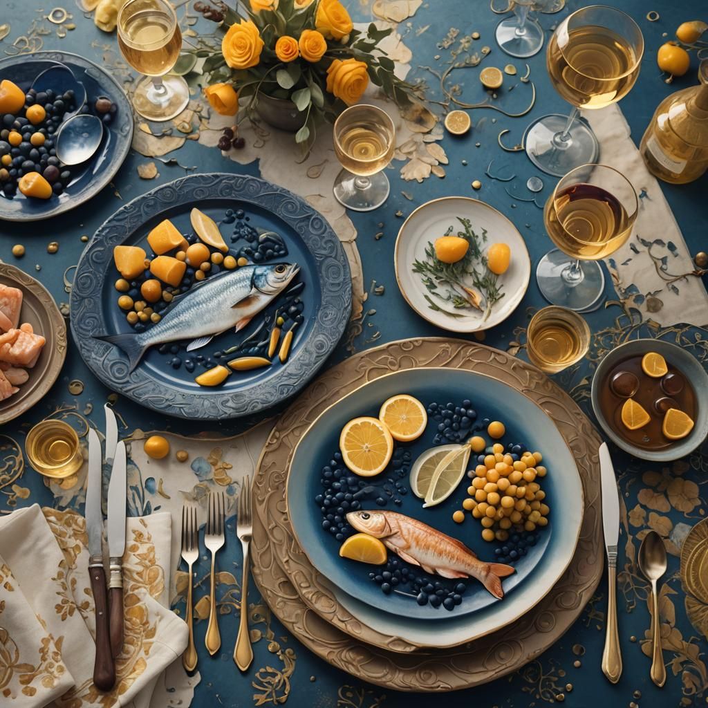 Prepared Fish Still Life in Dreamlike Art Style