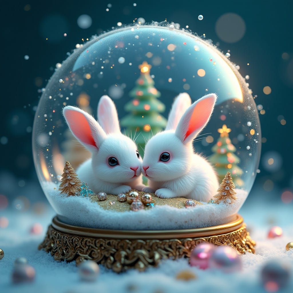 Wonderful Miniature Rabbits in Vibrant Snow Globe Scene, in....