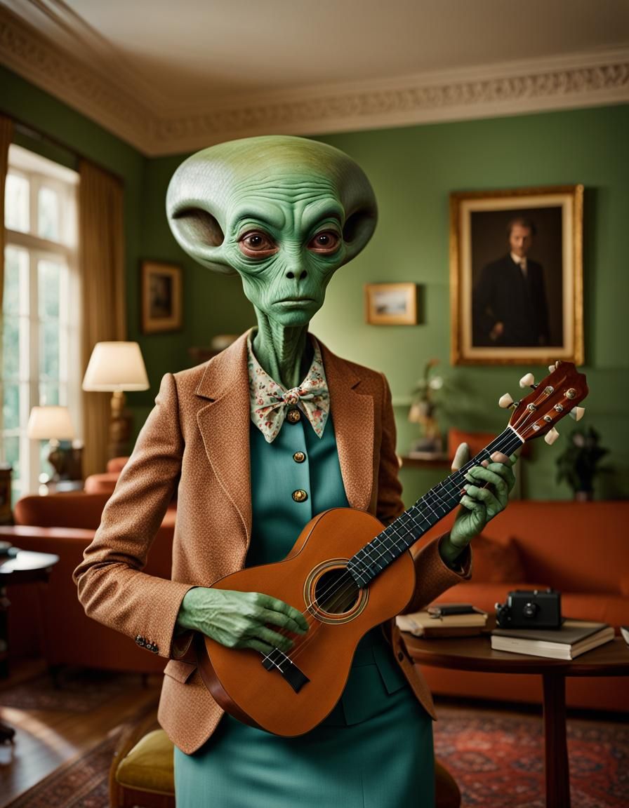 A female Alien, in a wes anderson style living room, with minimal amount of clothing and holding a ukelele