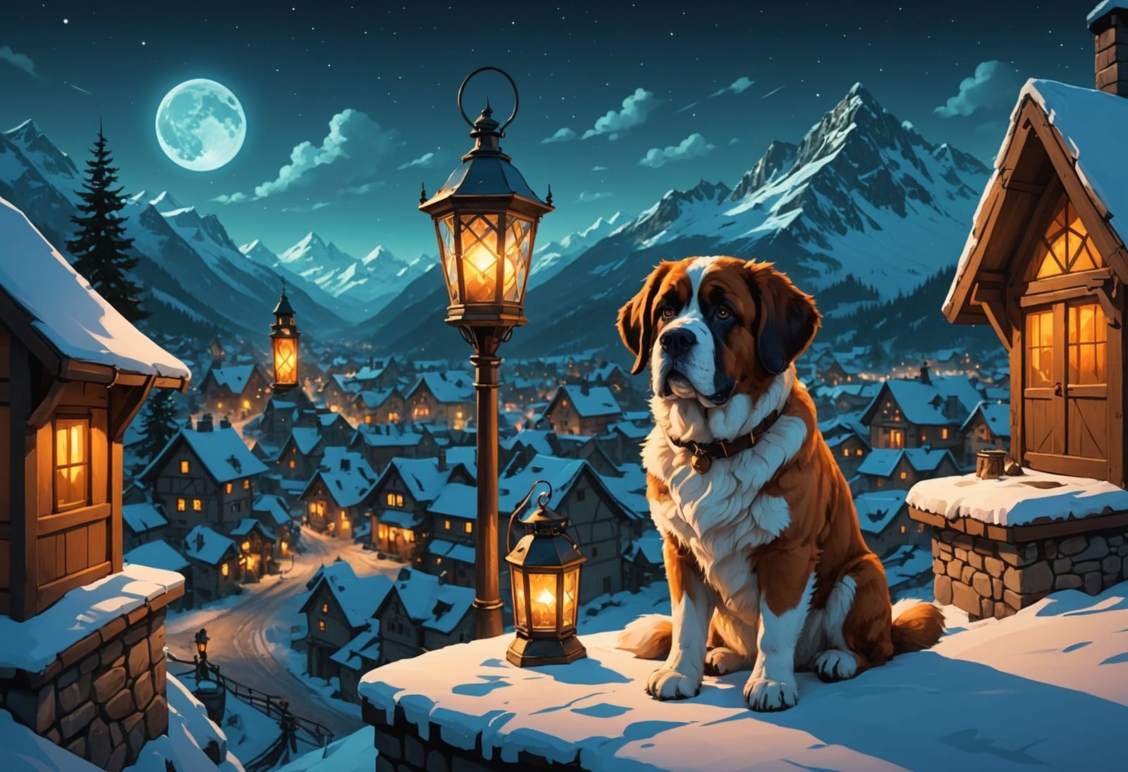 A Saint Bernard dog looks out over a lantern-lit Alpine village on a winter night.  by @Dalnok