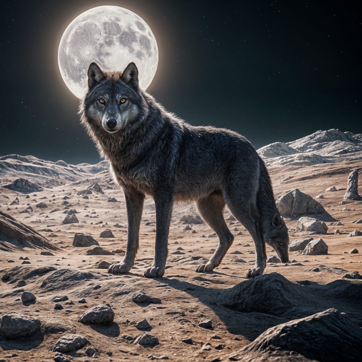 Wolf on a Moonlit Night in Hyper Realistic 3D
