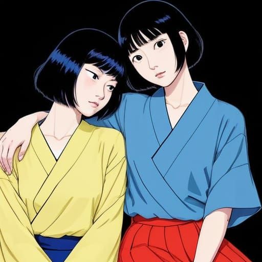 Girls Share Intimate Moment in Vibrant Flat Art