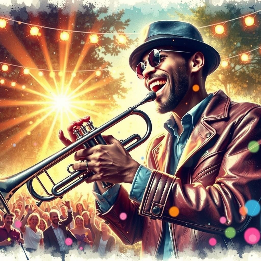 A Dapper Jazz Musician in a Vintage Leather Jacket Plays a Trumpet on a Lively Outdoor Stage  by @RC