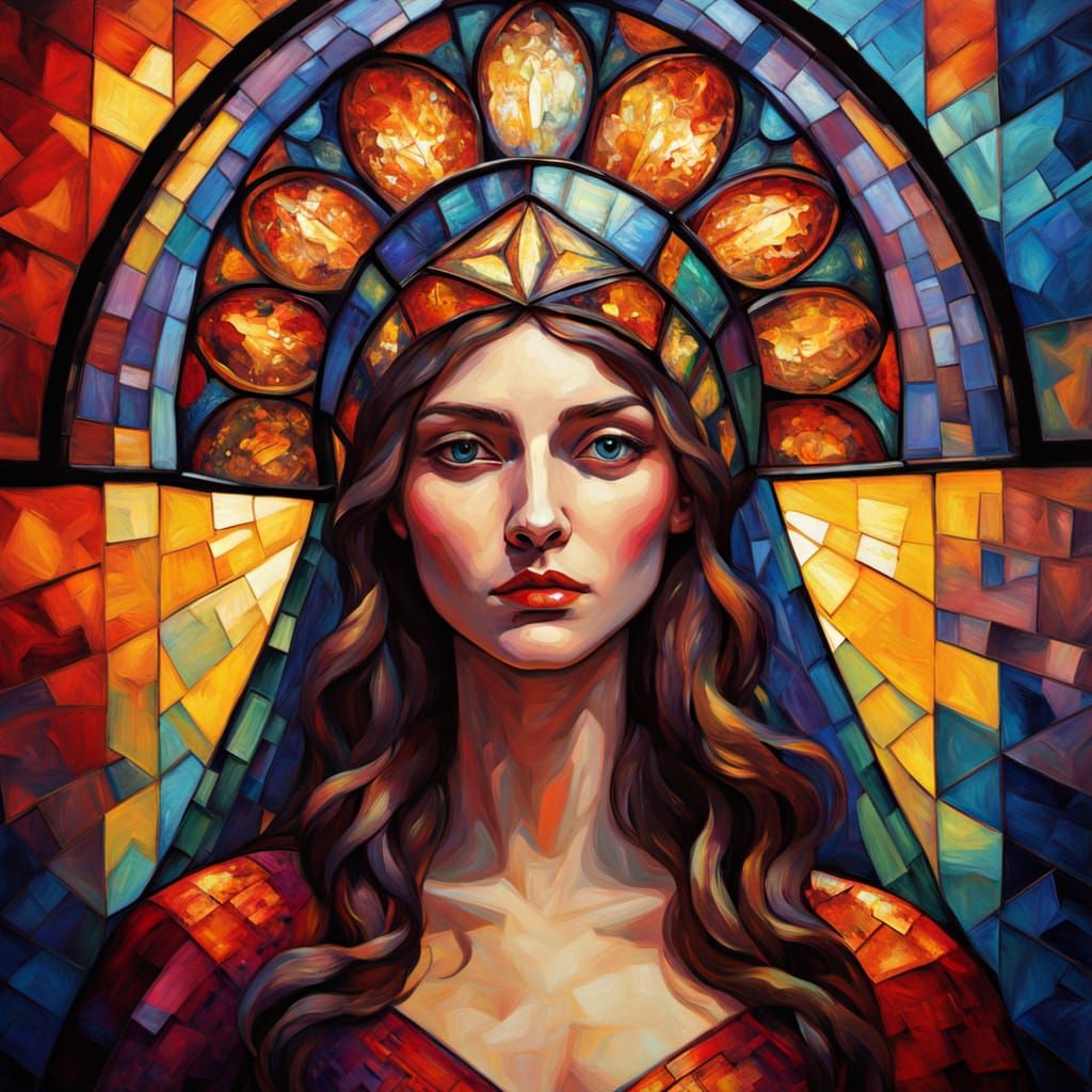 Vibrant Expressionist Portrait of a Woman in Stained Glass H...