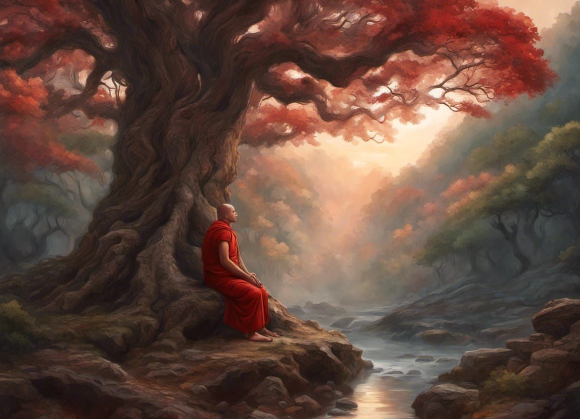 A monk in red in meditation posture, looking at a huge ancient tree, intricate details, forest, stream, beautiful sunris...