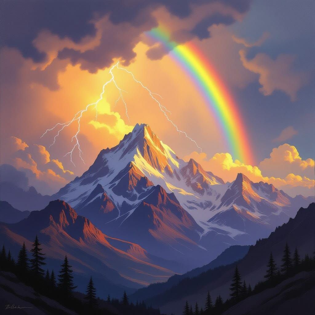 Mountain of Golden Light with Stormy Skies